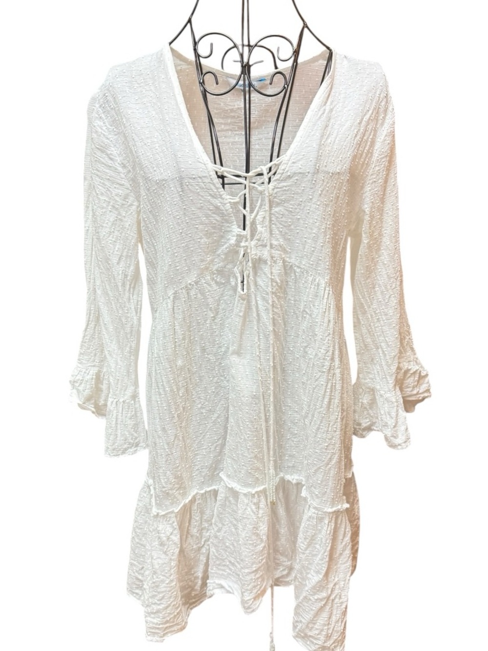 Blue Island White Lace-Up Swim Cover-Up Tunic Beaded Tassels